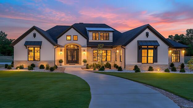 Custom home under construction in the Ozarks at golden hour